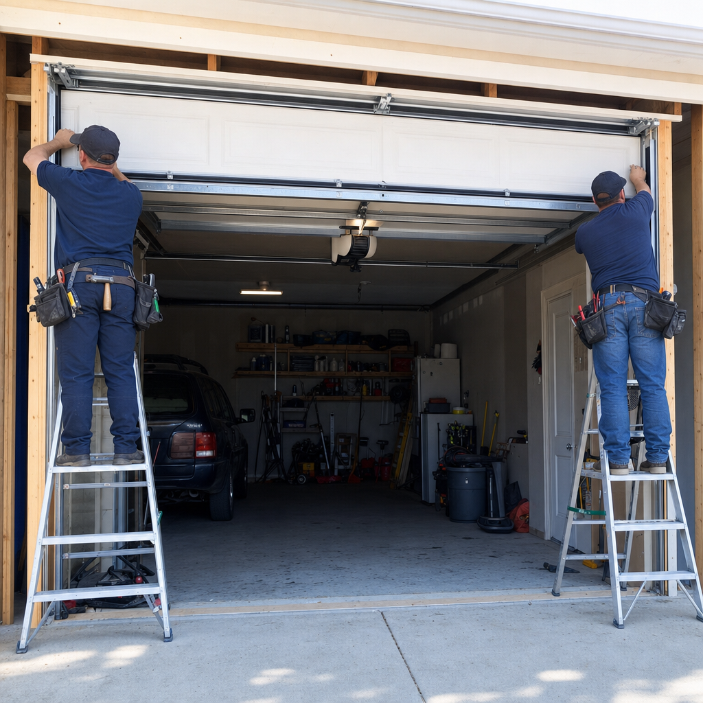 Two professional technicians installing a new residential garage door