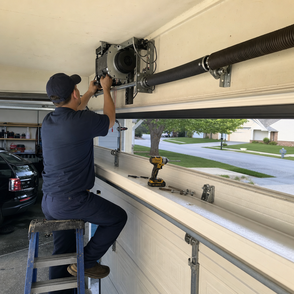 Technician repairing a residential garage door opener motor