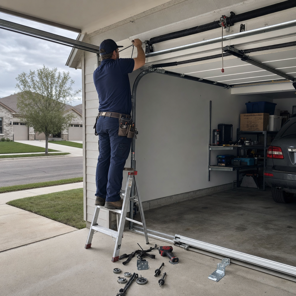 Technician performing professional garage door parts maintenance and repair