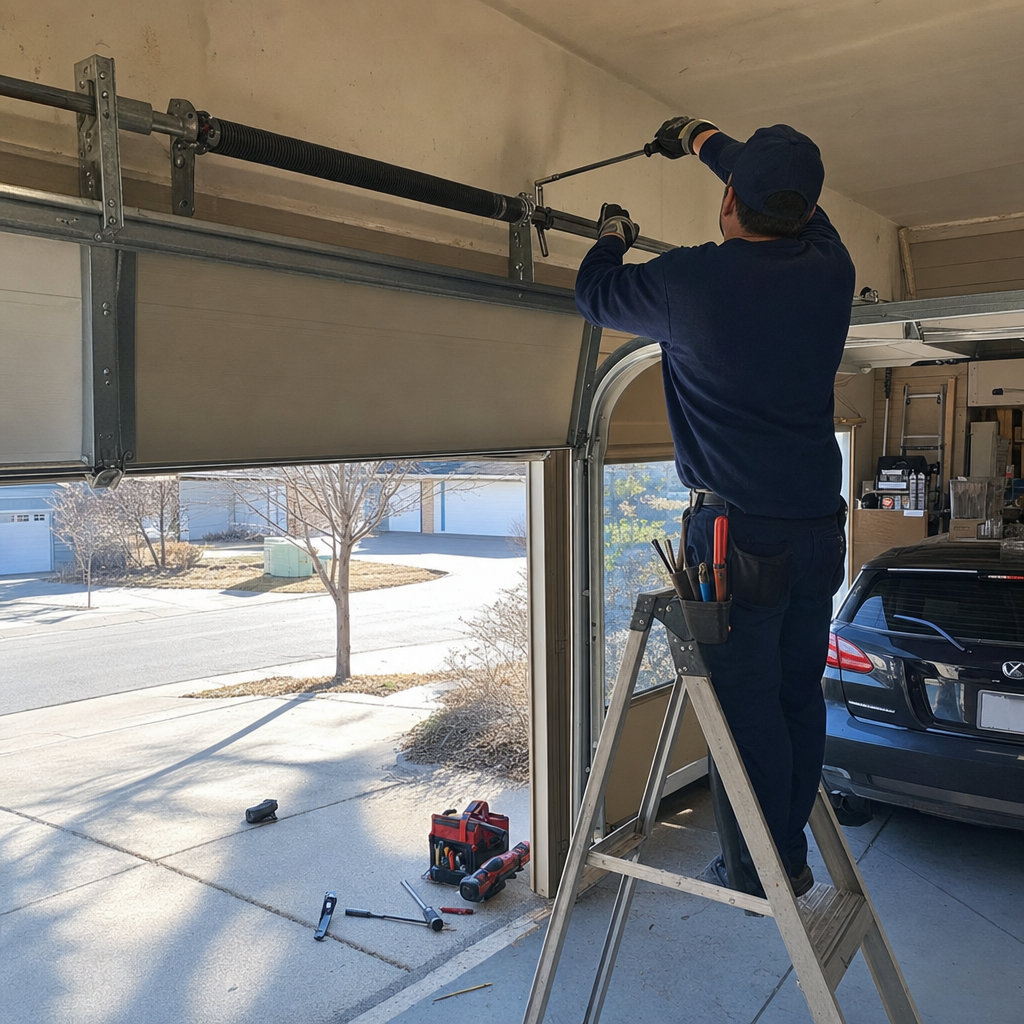Technician performing garage door spring repair and maintenance