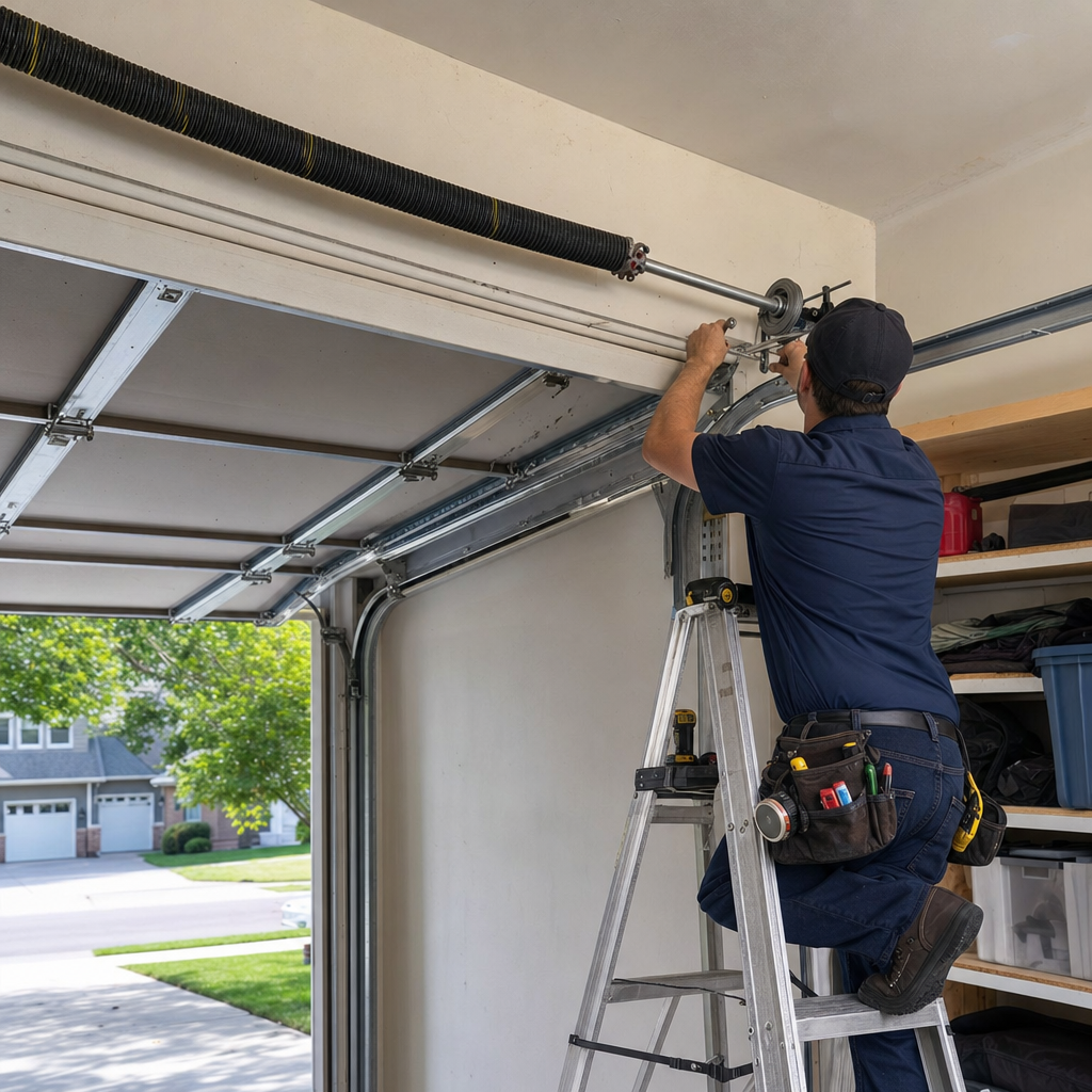 Technician performing emergency garage door spring repair on a ladder in Gardner, KS