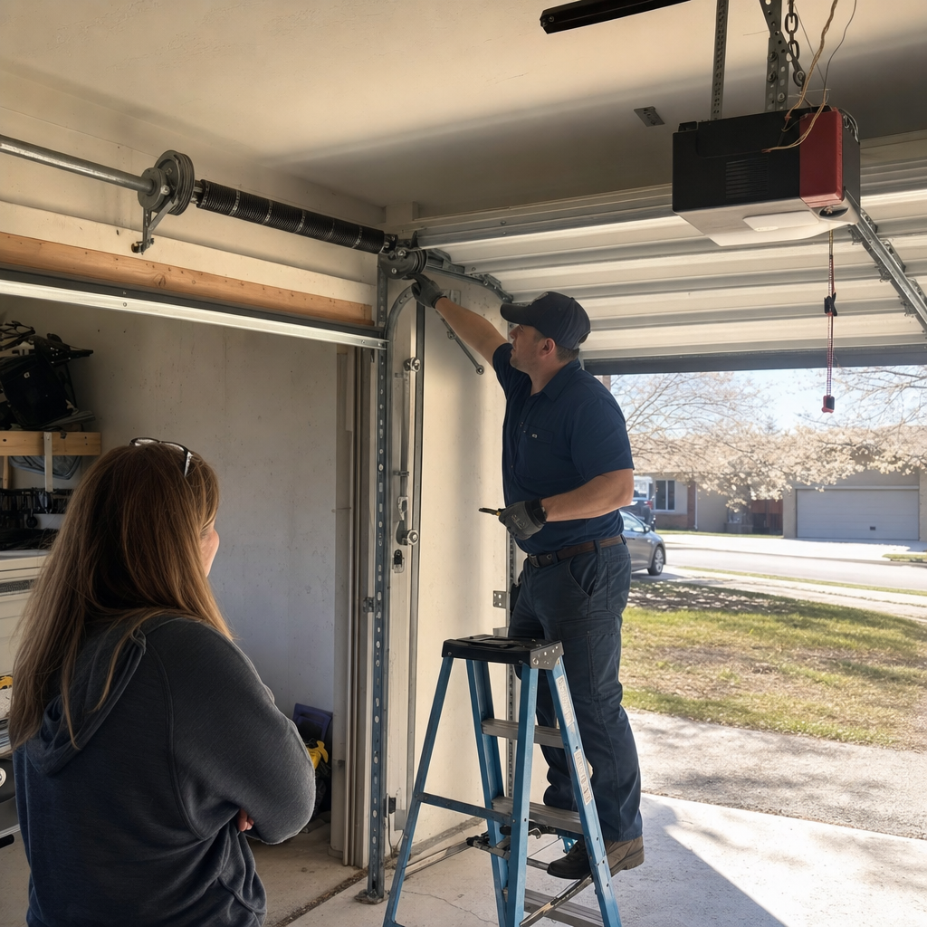 Professional technician inspecting and repairing a residential garage door system in Kansas, KS