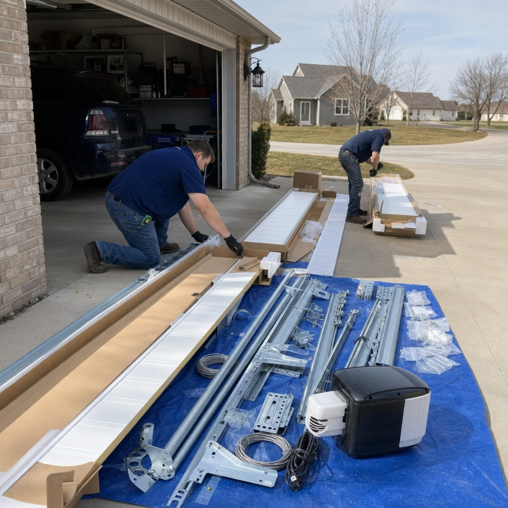 Technicians preparing parts for professional garage door installation in Kansas, KS
