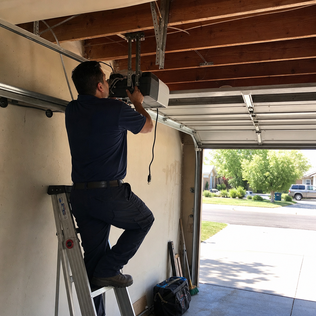 Technician performing professional garage door opener maintenance and repair in Kansas, KS