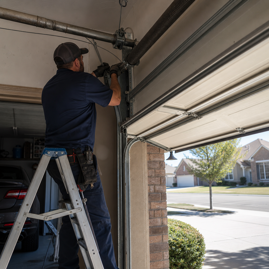 Technician performing professional garage door parts inspection and spring repair in Kansas, KS