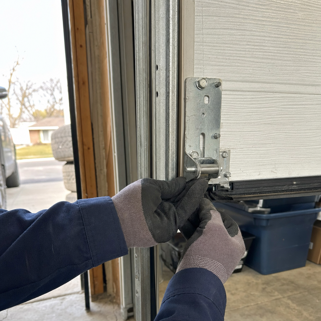 Technician performing professional garage door hinge repair and maintenance in Eudora, KS
